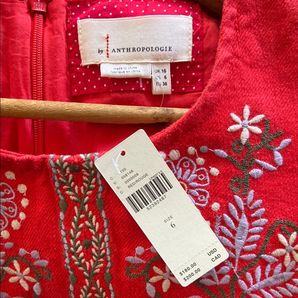 New! Anthropologie Aiko Embroidered Red Linen Blend Shift Dress Women's Size 6 - Picture 5 of 13